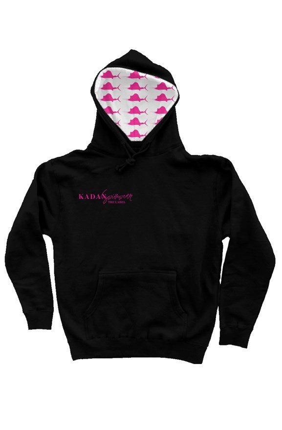 Sailfish pullover hoody - Kadan Swimwear the Label. A closet essential, this sweatshirt features a comfy fit with an ultra soft fleece lining. Perfect for lounging around the house, after a long day on the beach, or for a girl on the go. The hood is lined with our custom Pink Sailfish print and logos printed on the front and sleeve.